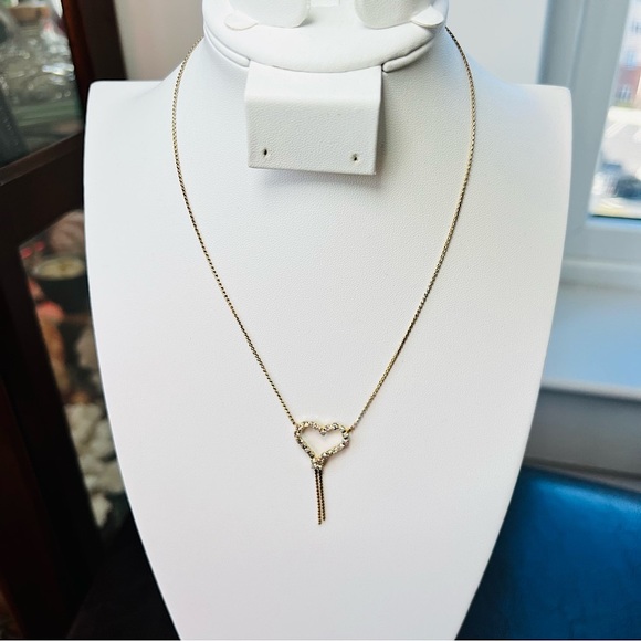 Vintage Open Heart Rhinestone Crystal Love Gold Tone Delicate Chain Necklace - Picture 12 of 16